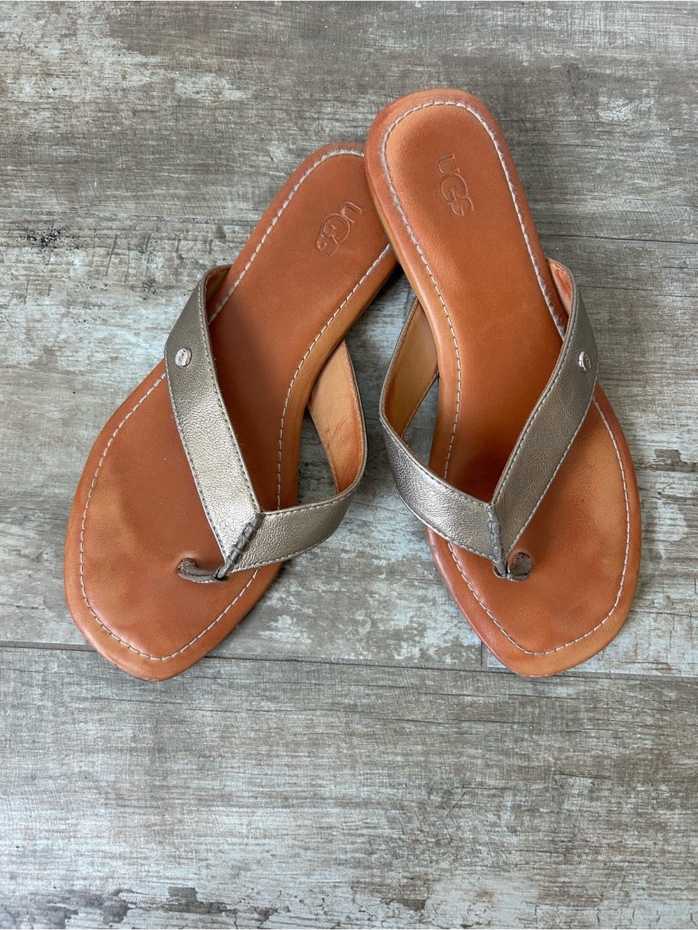 UGG Metallic Taupe Leather Flip Flop Sandals